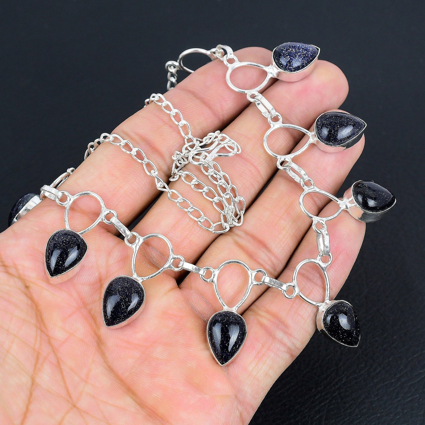 Blue Sunstone Dainty Sterling Silver Necklace