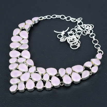 Pink Rose Quartz & Blue Sapphire Sterling Silver Necklace