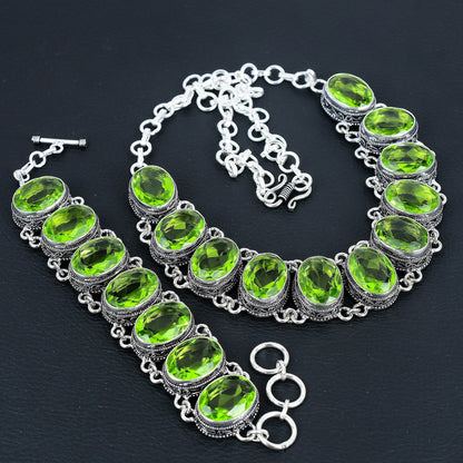 Green Peridot Gemstone Necklace & Bracelet Set