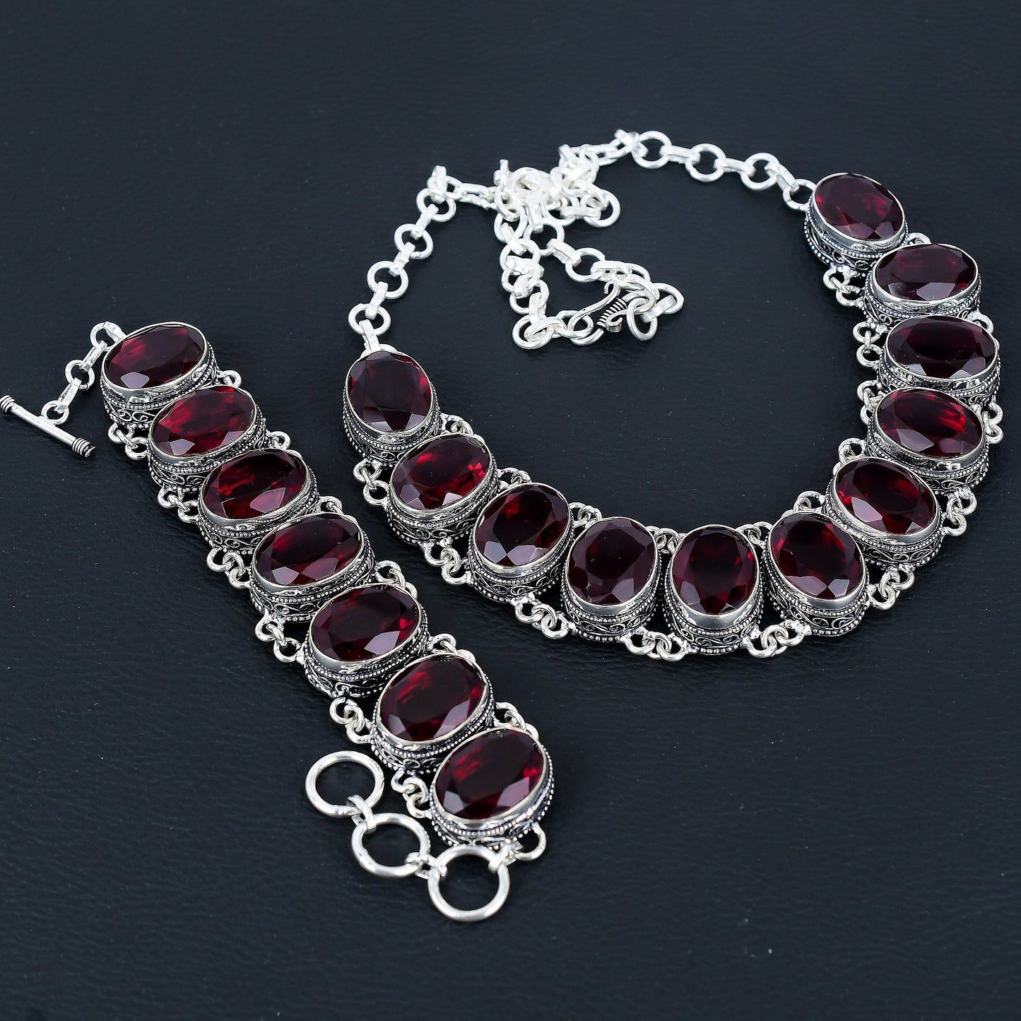 Red Garnet Gemstone Necklace & Bracelet Set