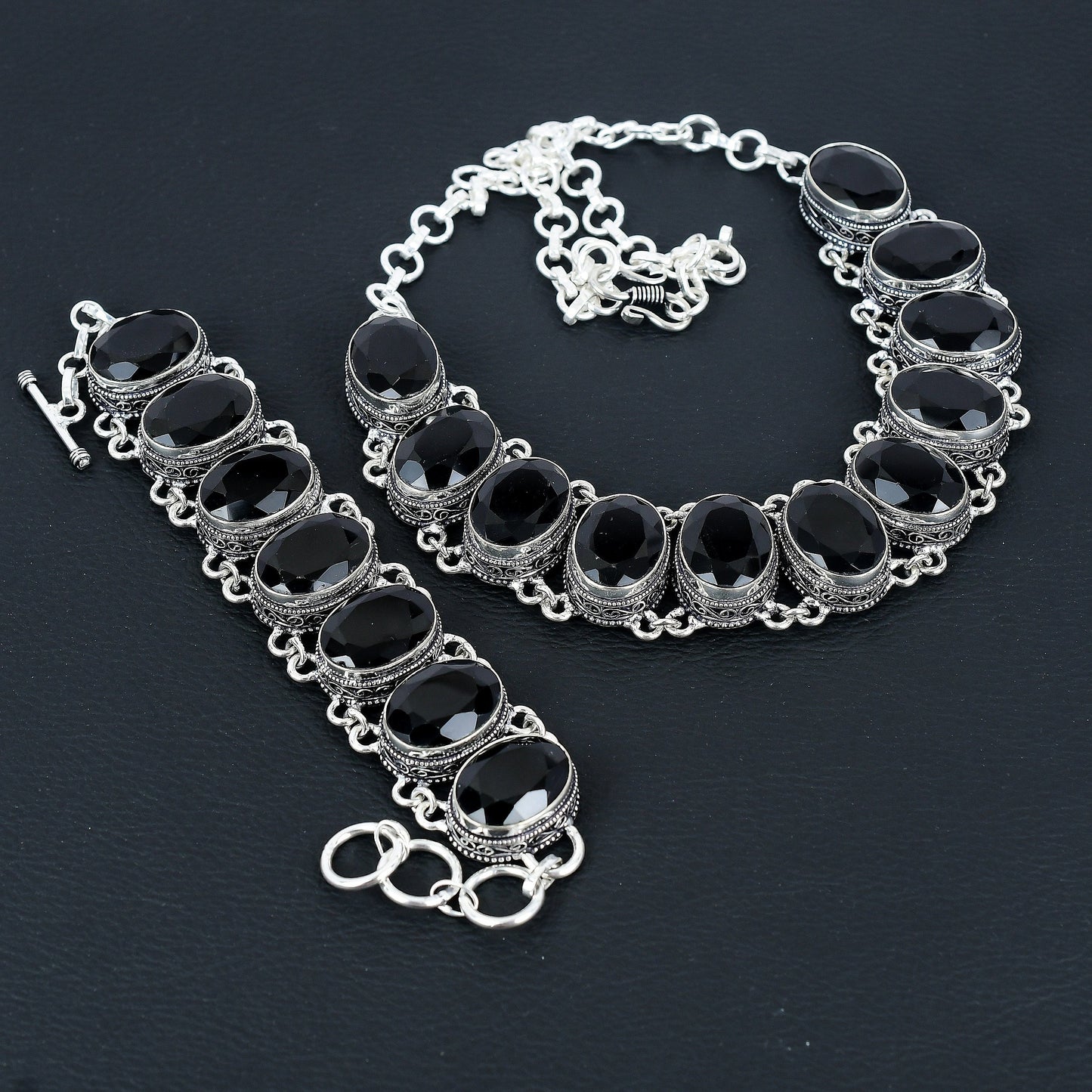 Black Spinel Sterling Silver Necklace & Bracelet Set