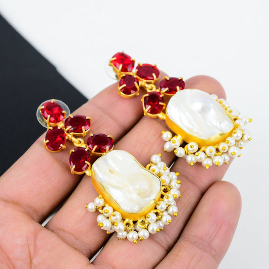 Red Garnet Blister Pearl 925 Silver Earrings