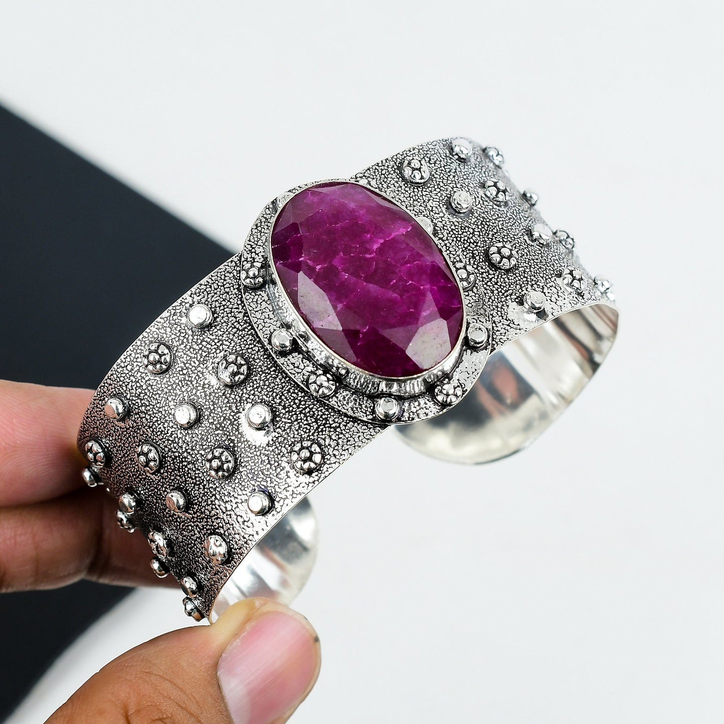 Red Ruby Gemstone Sterling Silver Bangle Bracelet