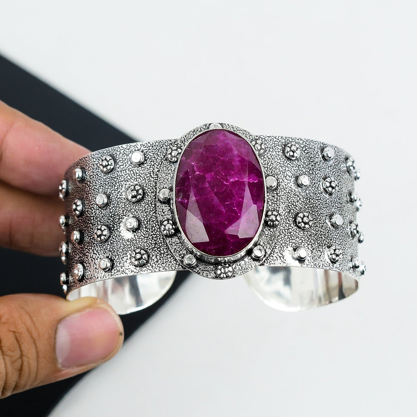Red Ruby Gemstone Sterling Silver Bangle Bracelet