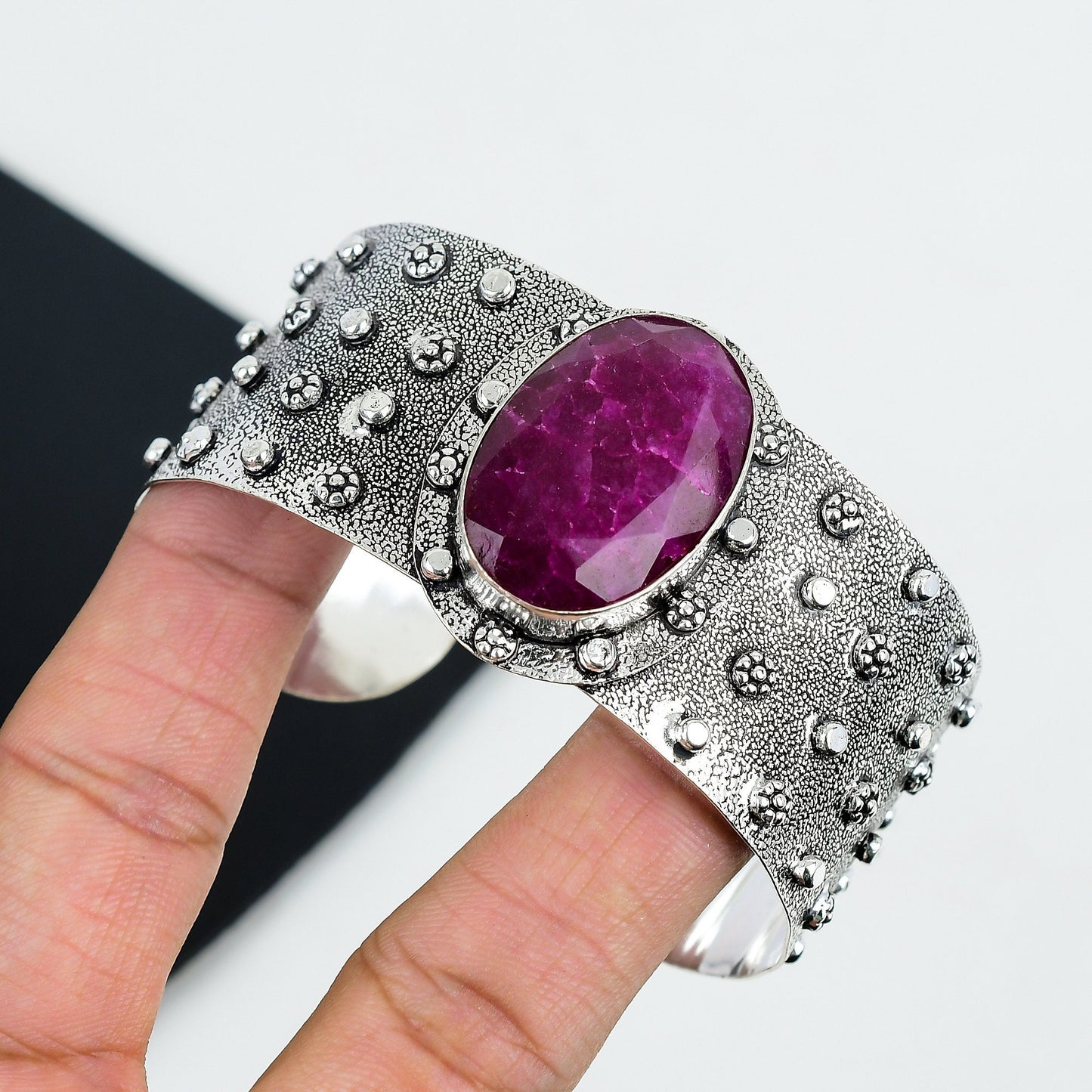 Red Ruby Gemstone Sterling Silver Bangle Bracelet