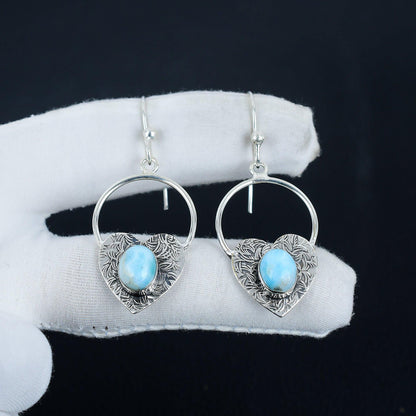 Blue Larimar Gemstone Heart Hoop Earrings