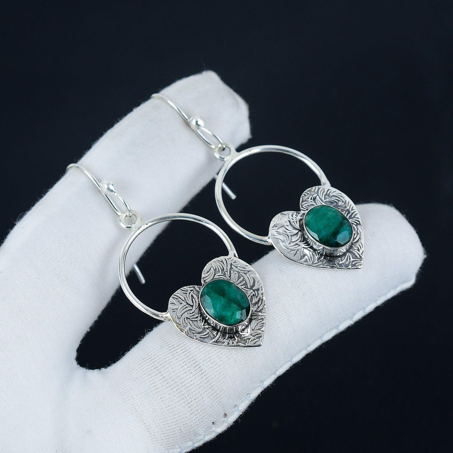Emerald Gemstone Heart Hoop Earrings