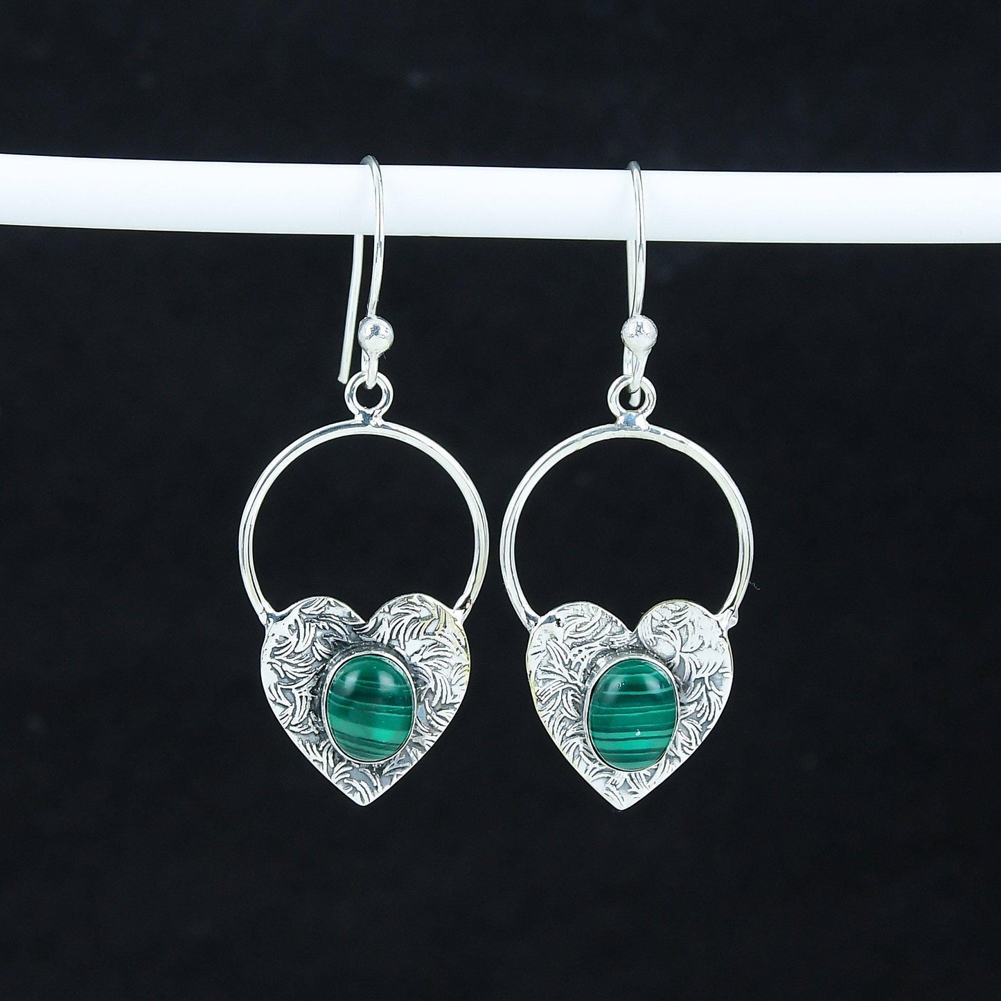 Green Malachite Heart Hoop Earrings