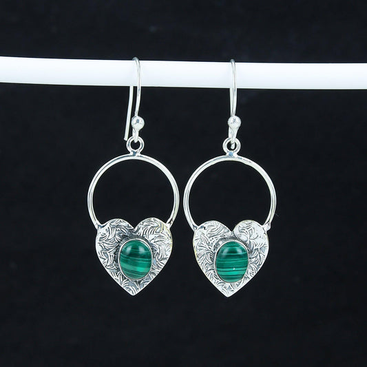 Green Malachite Heart Hoop Earrings