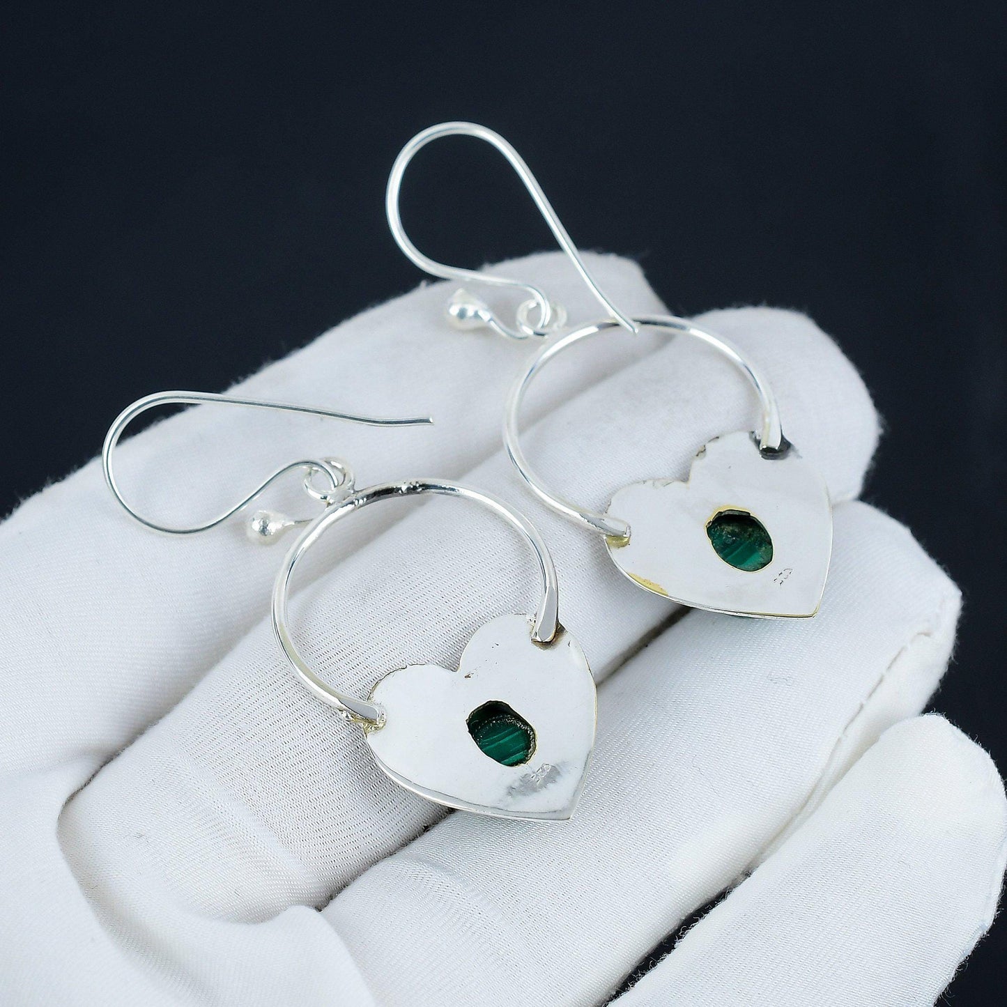 Green Malachite Heart Hoop Earrings