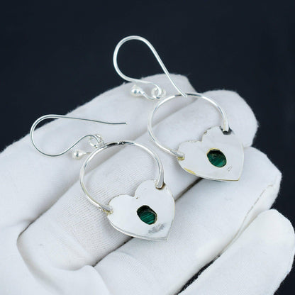 Green Malachite Heart Hoop Earrings