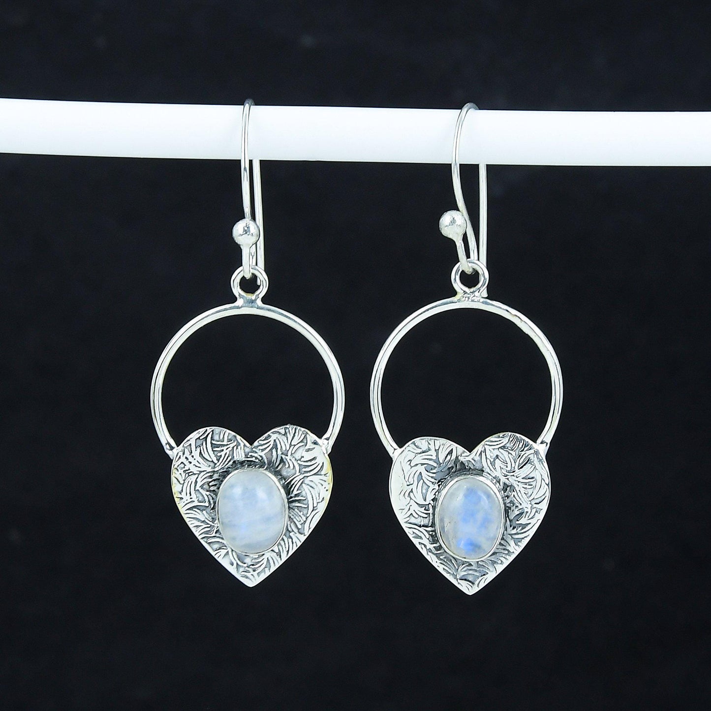 Blue Moonstone Heart Hoop Earrings