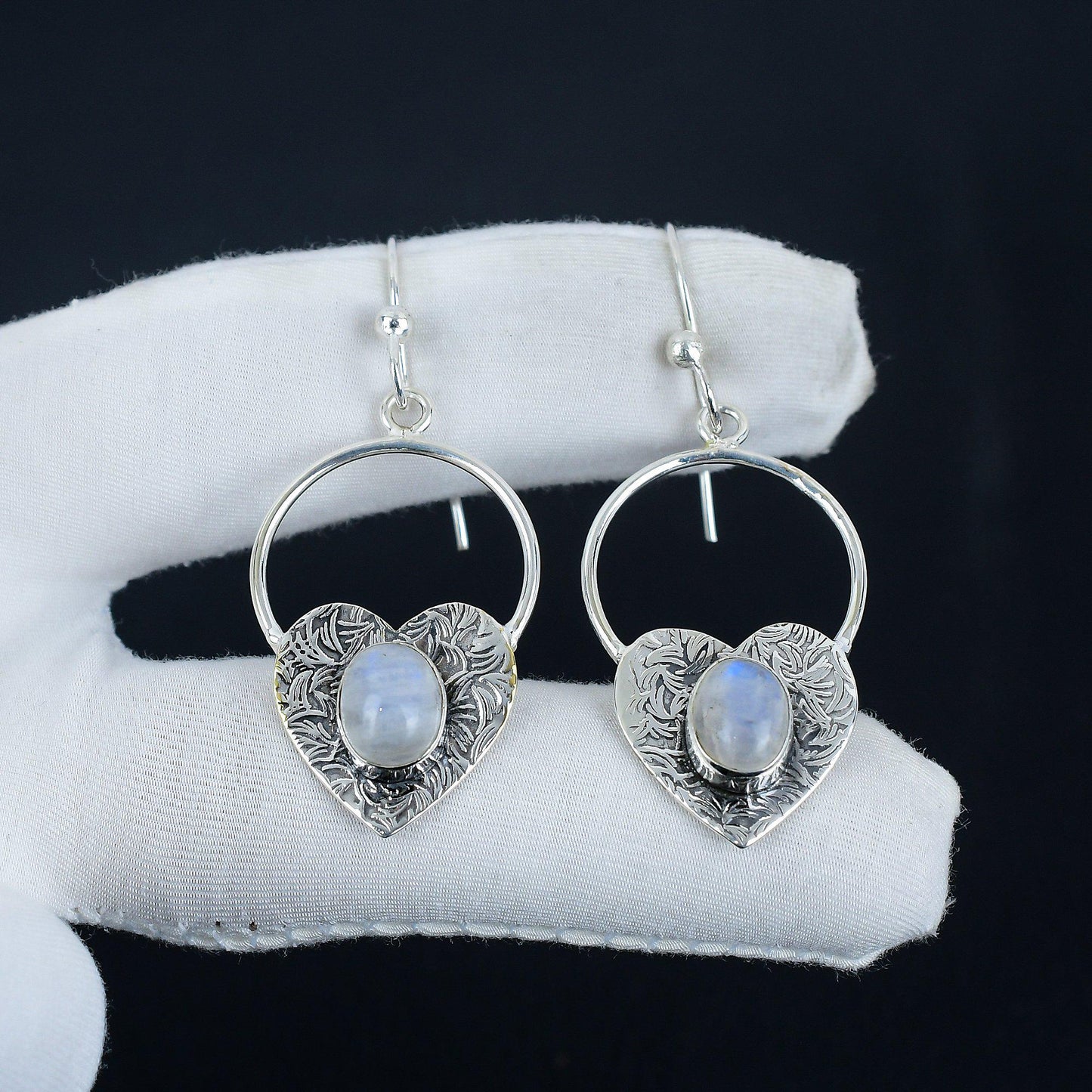 Blue Moonstone Heart Hoop Earrings