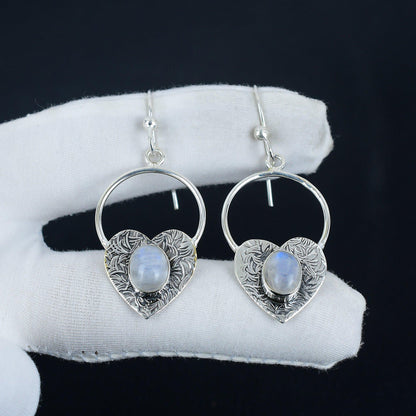 Blue Moonstone Heart Hoop Earrings