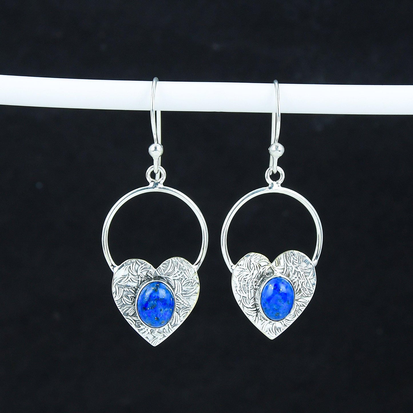 Blue Lapis Lazuli Gemstone Heart Hoop Earrings