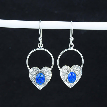 Blue Lapis Lazuli Gemstone Heart Hoop Earrings