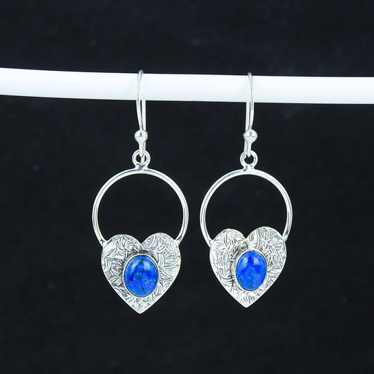 Blue Lapis Lazuli Gemstone Heart Hoop Earrings