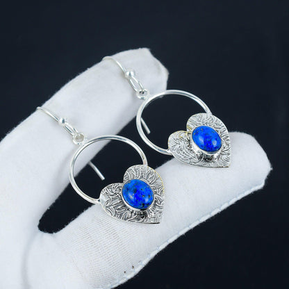 Blue Lapis Lazuli Gemstone Heart Hoop Earrings