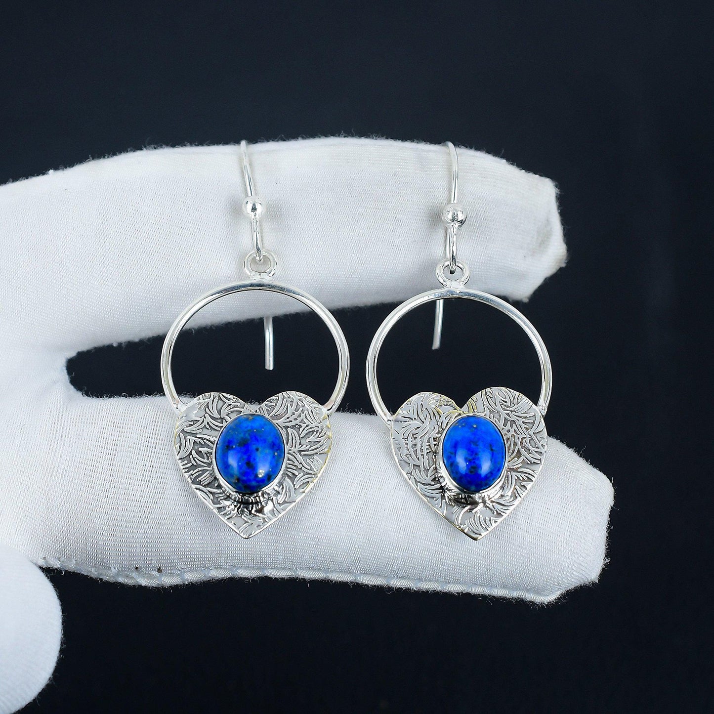 Blue Lapis Lazuli Gemstone Heart Hoop Earrings