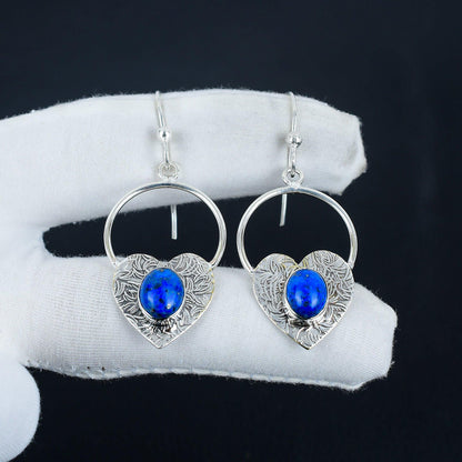 Blue Lapis Lazuli Gemstone Heart Hoop Earrings