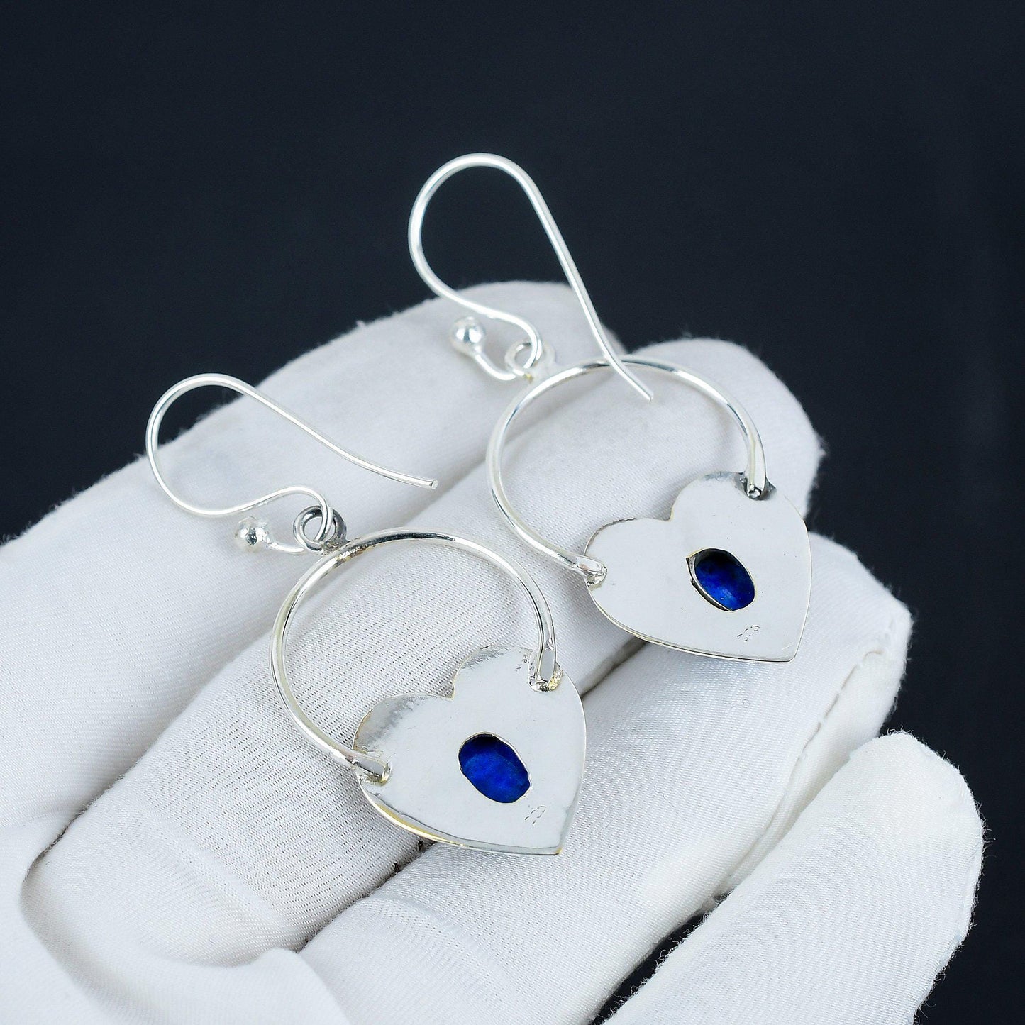 Blue Lapis Lazuli Gemstone Heart Hoop Earrings