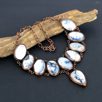 White & Black Dendrite Opal Gemstone Necklace