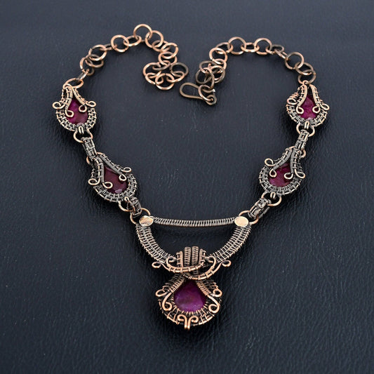 Red Ruby Gemstone Copper Wire Wrapped Necklace