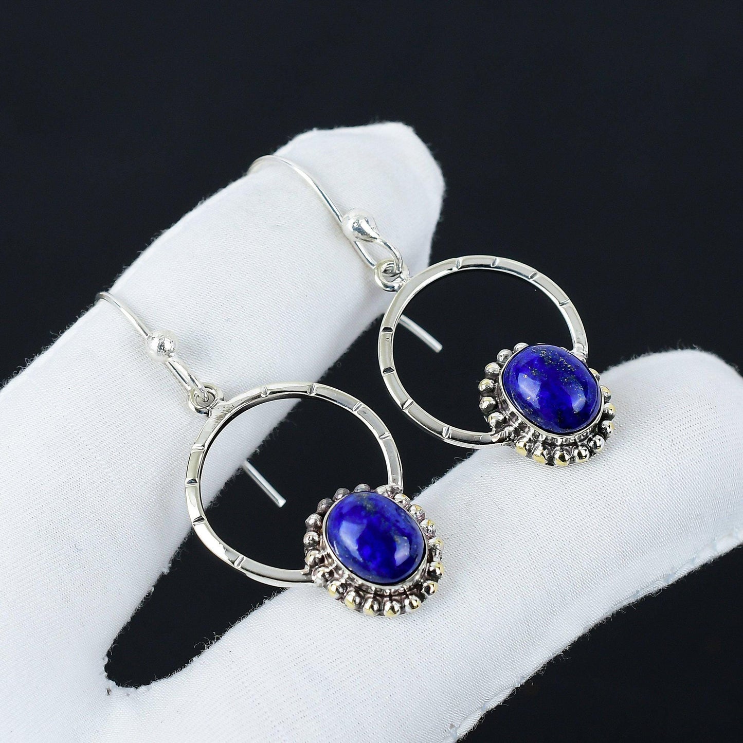 Blue Lapis Lazuli Gemstone Hoop Earrings