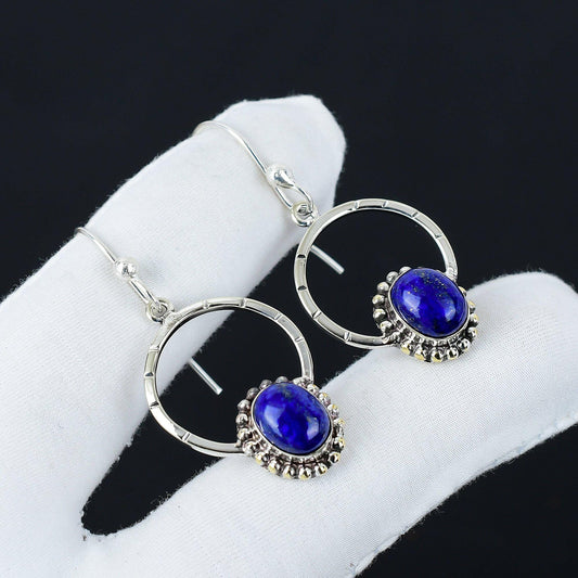 Blue Lapis Lazuli Gemstone Hoop Earrings