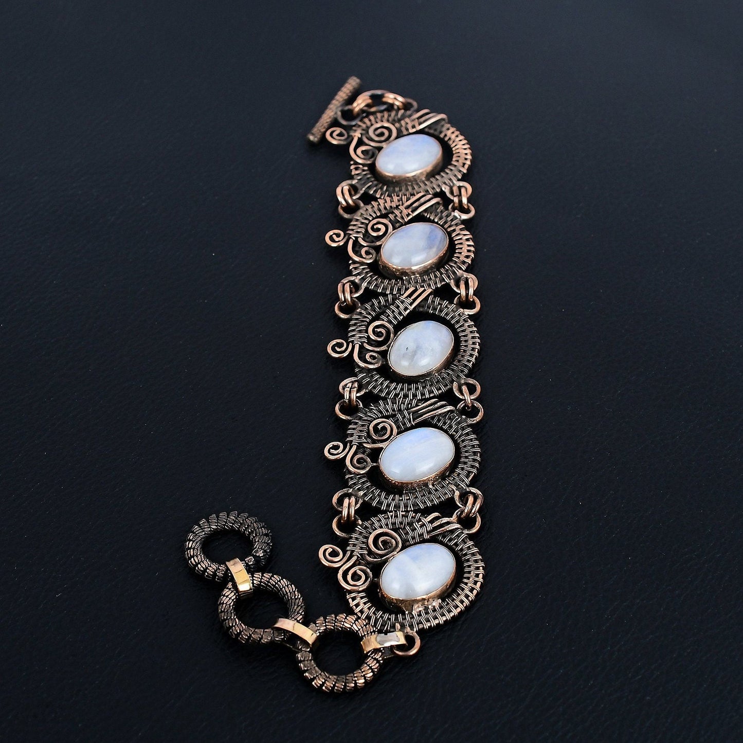 Rainbow Moonstone Gemstone Copper Wrapped Bracelet