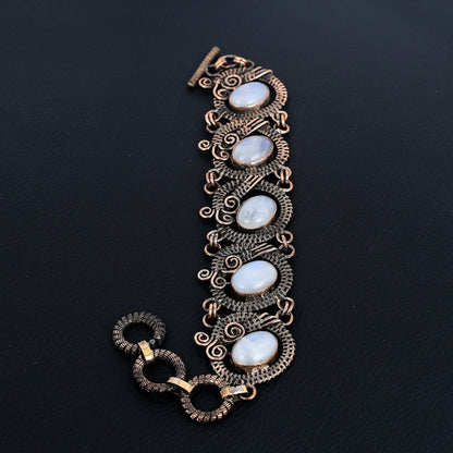 Rainbow Moonstone Gemstone Copper Wrapped Bracelet