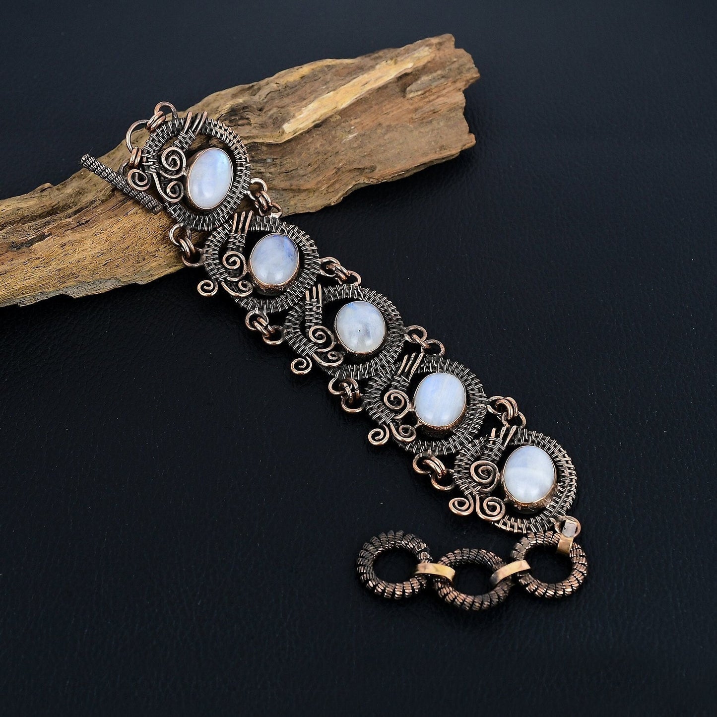 Rainbow Moonstone Gemstone Copper Wrapped Bracelet
