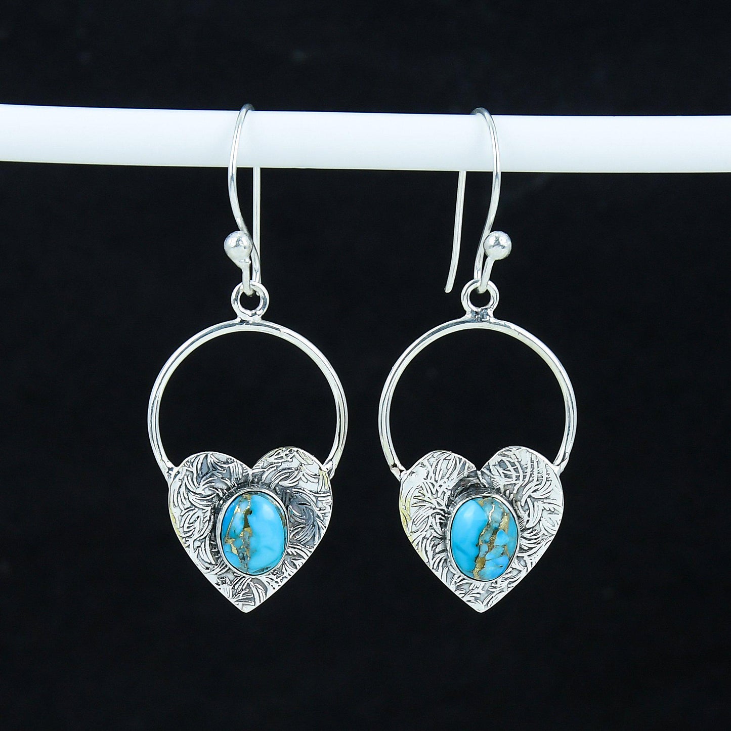 Blue Copper Turquoise Gemstone Heart Hoop Earrings