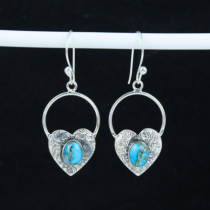 Blue Copper Turquoise Gemstone Heart Hoop Earrings