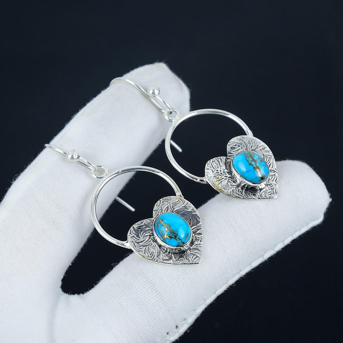 Blue Copper Turquoise Gemstone Heart Hoop Earrings
