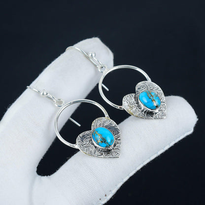 Blue Copper Turquoise Gemstone Heart Hoop Earrings