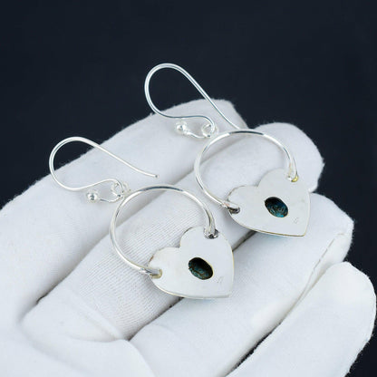 Blue Copper Turquoise Gemstone Heart Hoop Earrings