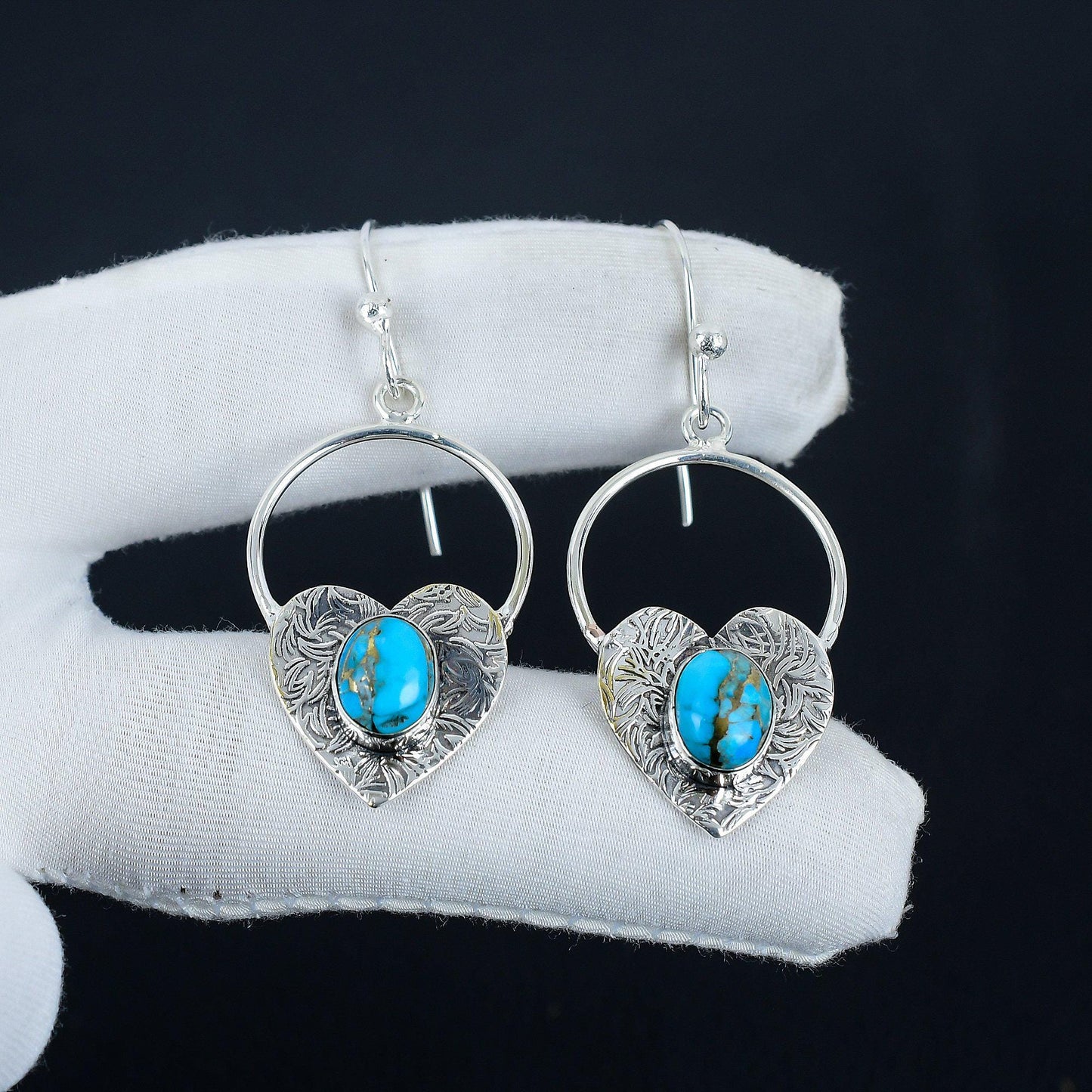 Blue Copper Turquoise Gemstone Heart Hoop Earrings