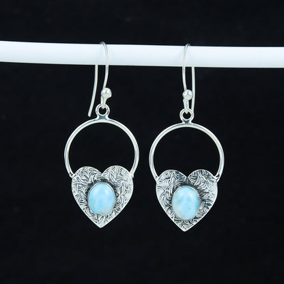 Blue Larimar Gemstone Heart Hoop Earrings
