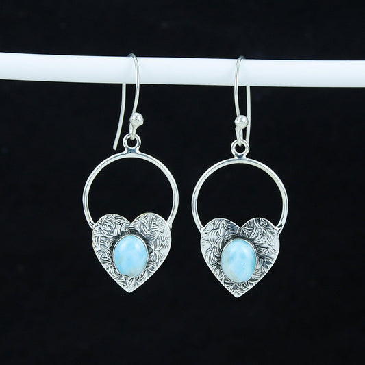 Blue Larimar Gemstone Heart Hoop Earrings