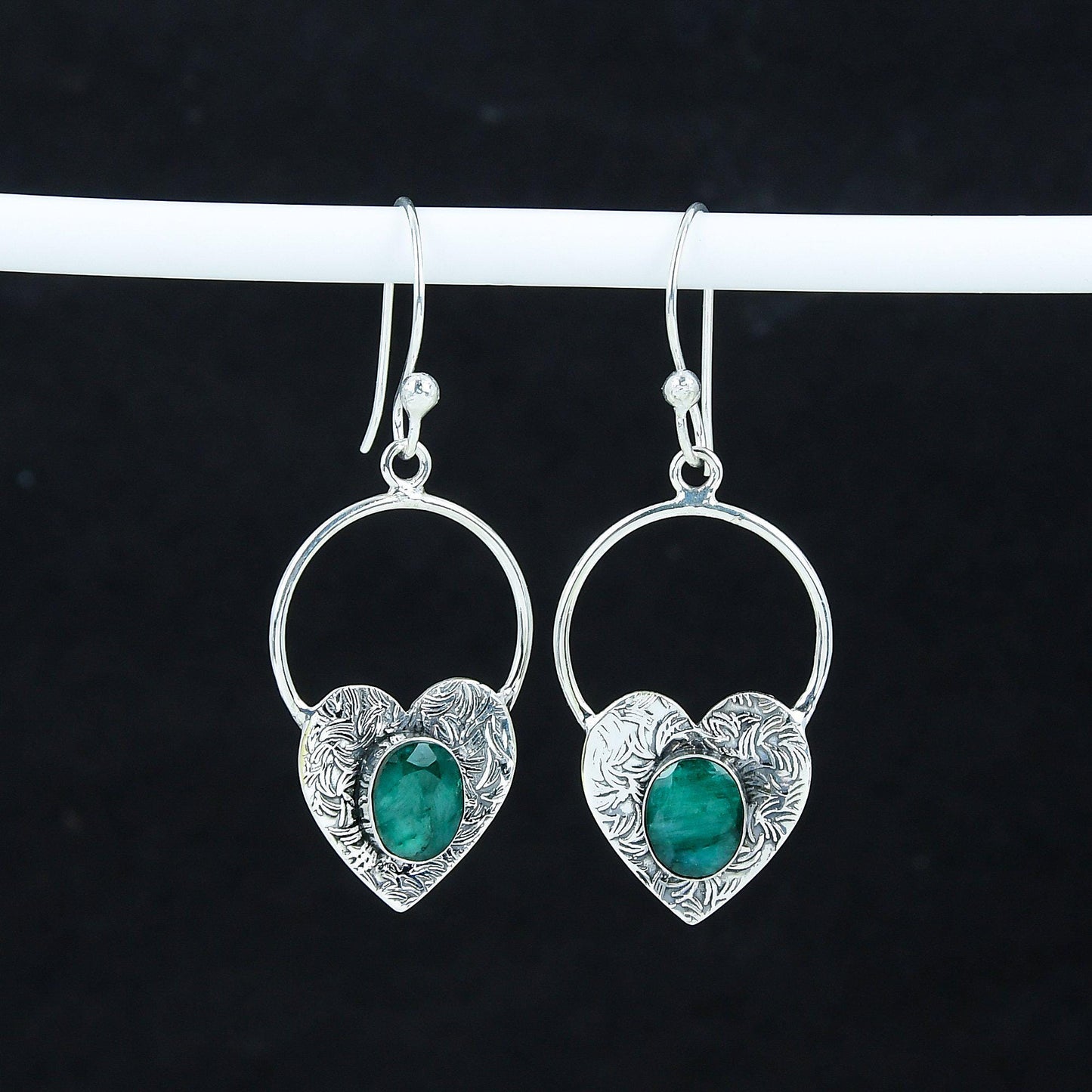 Emerald Gemstone Heart Hoop Earrings