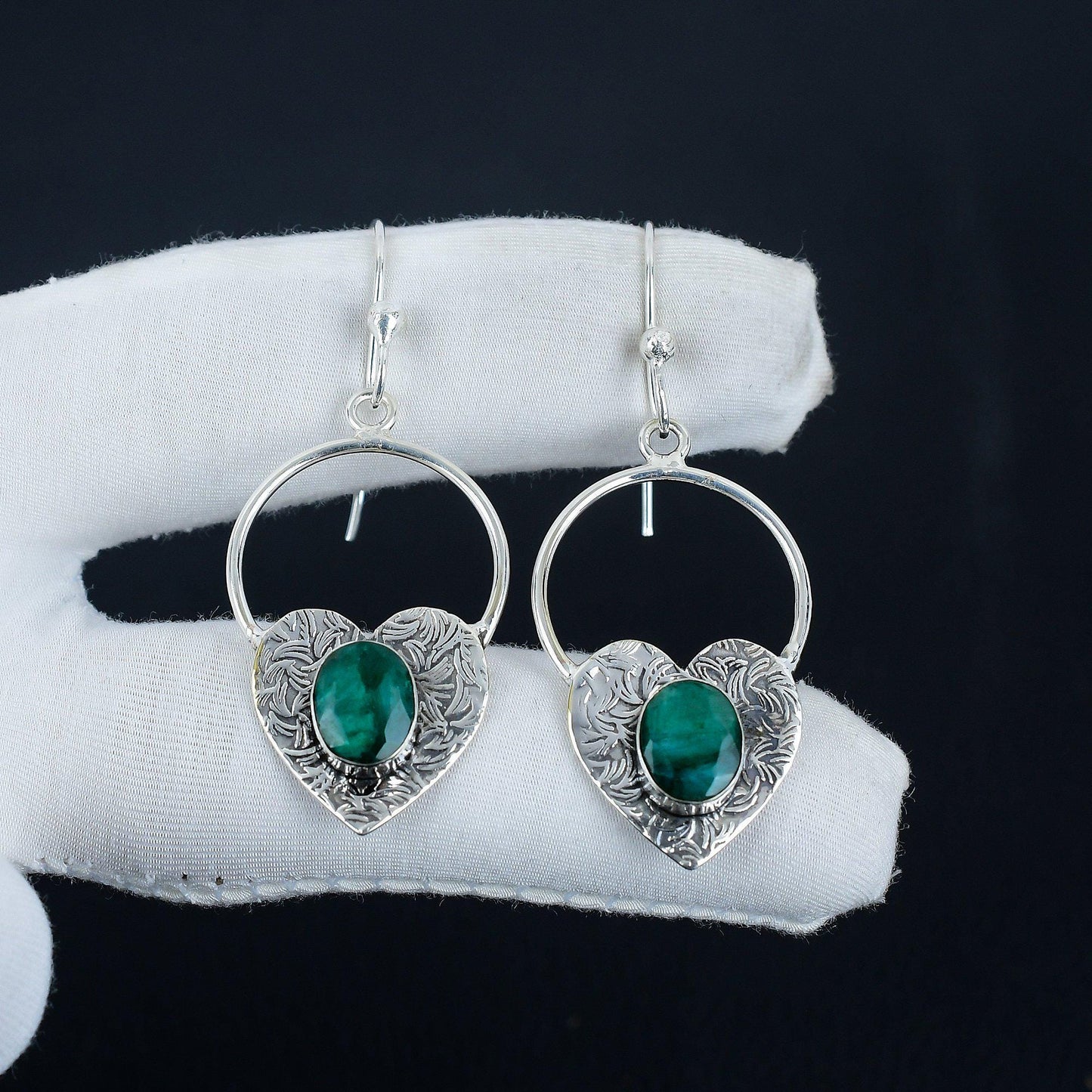 Emerald Gemstone Heart Hoop Earrings