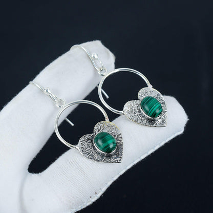 Green Malachite Heart Hoop Earrings