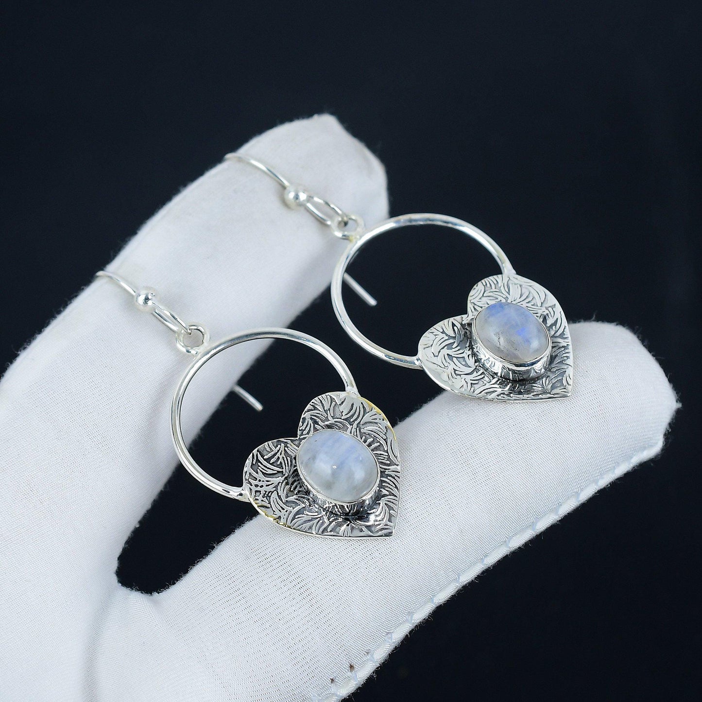Blue Moonstone Heart Hoop Earrings