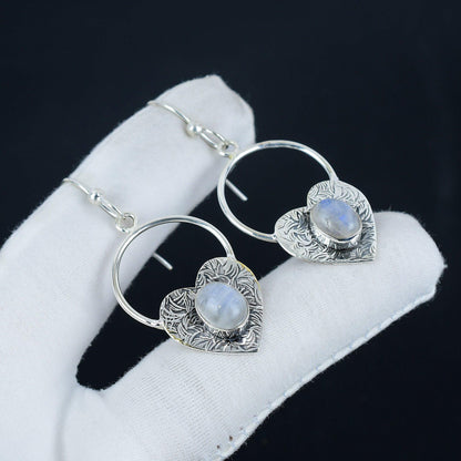 Blue Moonstone Heart Hoop Earrings