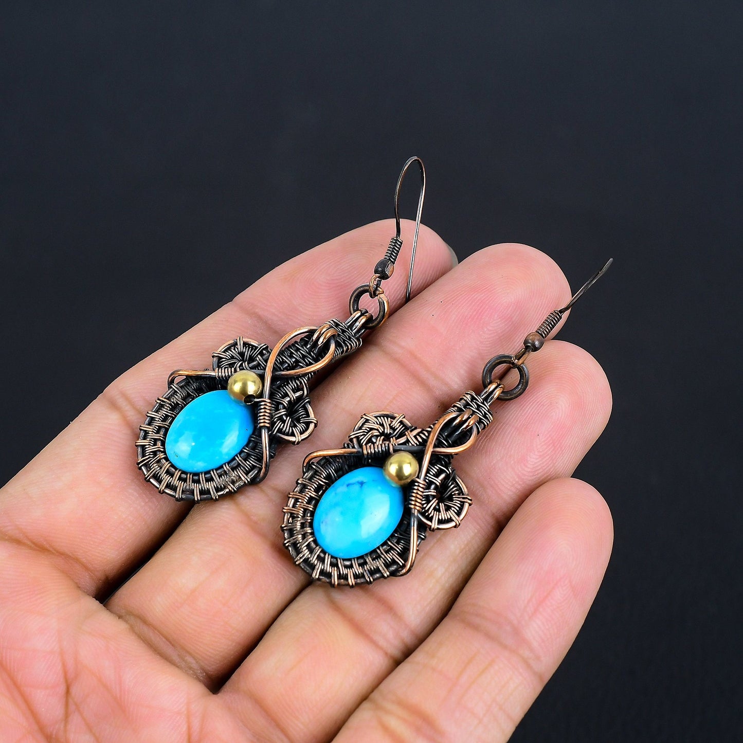 Turquoise Gemstone Copper Wire Wrapped Earrings