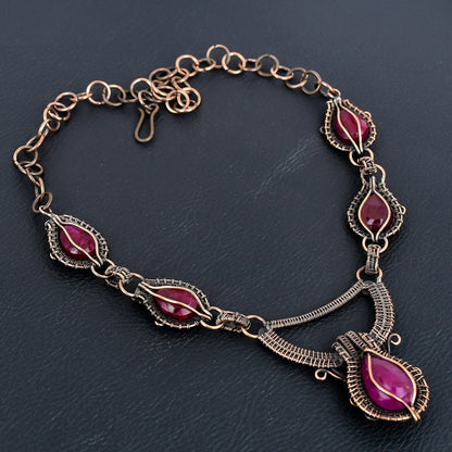 Red Ruby Gemstone Copper Wire Wrapped Necklace