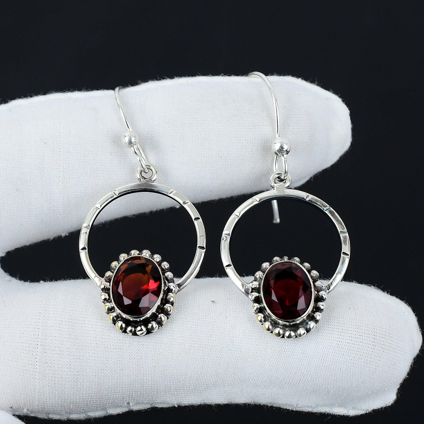 Red Garnet Gemstone Hoop Earrings