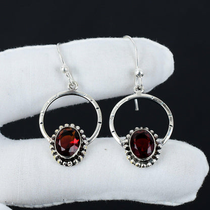 Red Garnet Gemstone Hoop Earrings