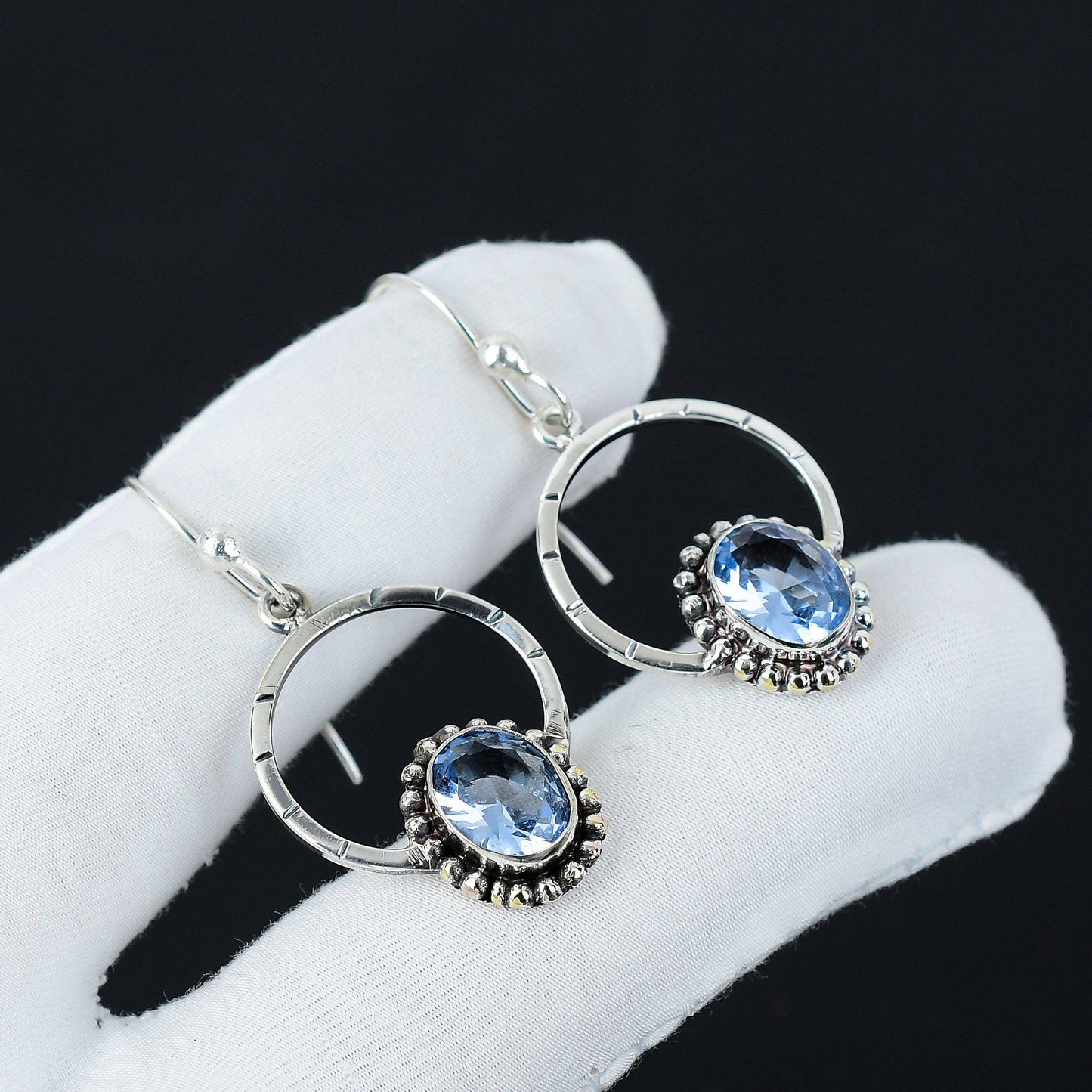 Aquamarine Blue Gemstone Hoop Earrings